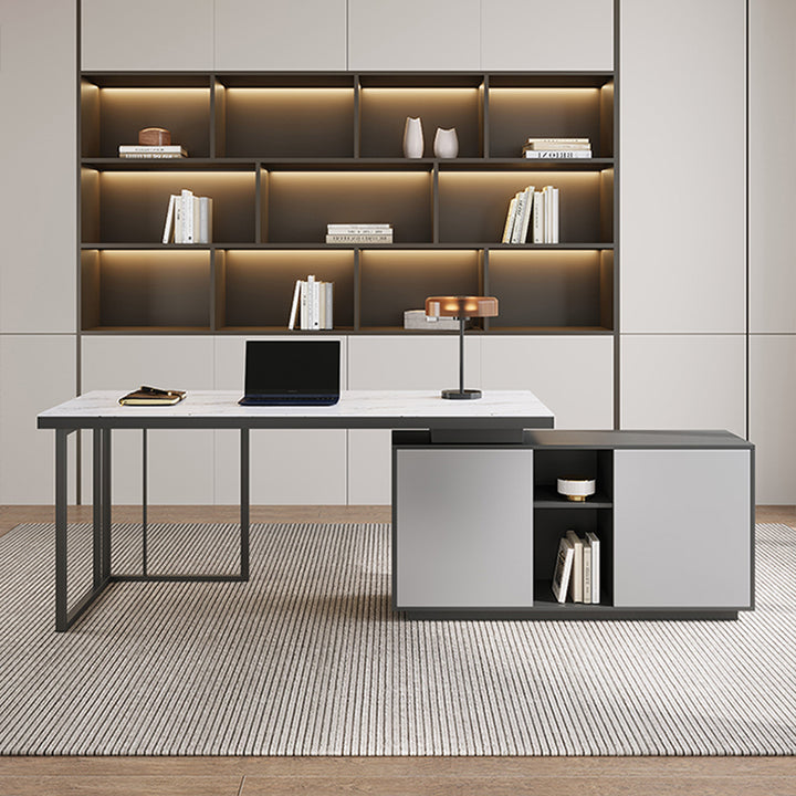 エグゼクティブデスク・社長机|L字型 マーブル柄 伸縮式テーブル